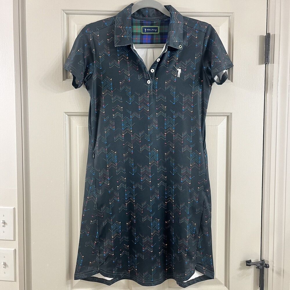 William Murray Wom Sz XS Black Short Sleeve Polo Golf Dress Pockets Club Motif